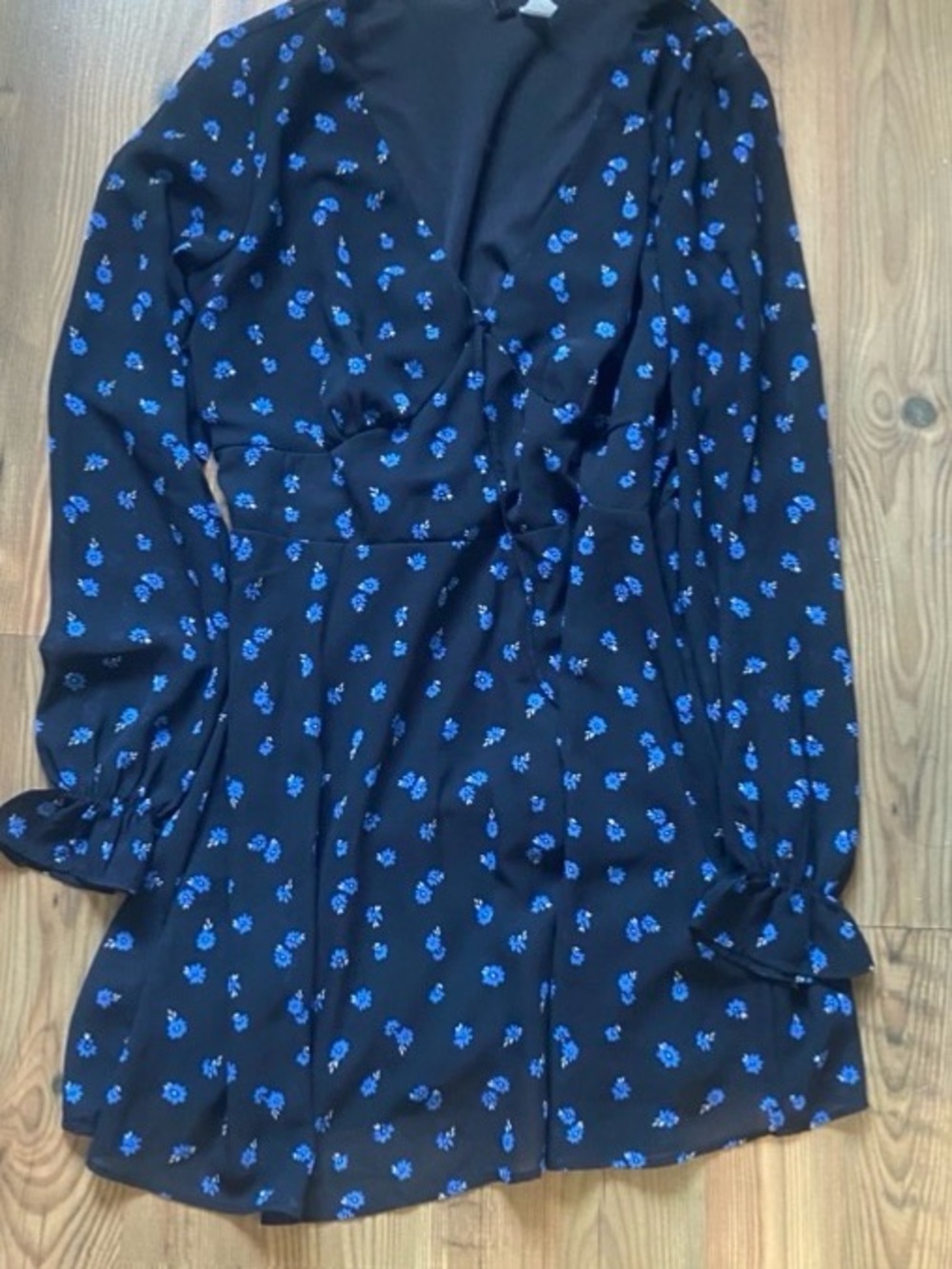 Black Floral Wrap Dress with Blue Print knee length